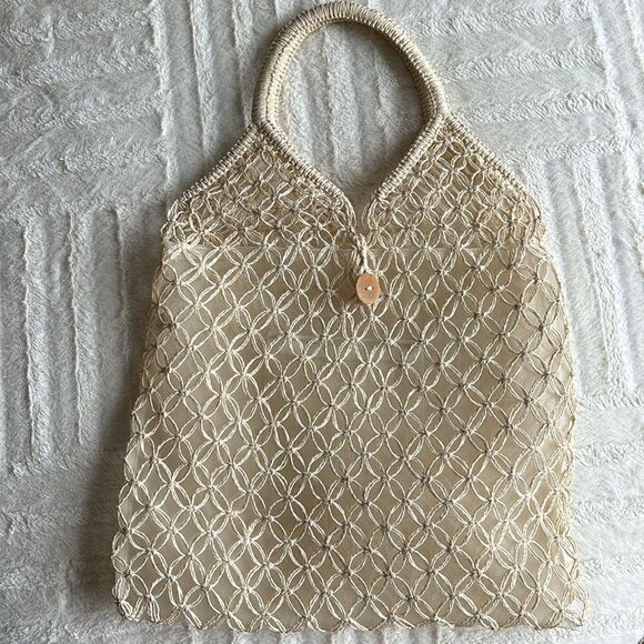 Cream Crochet Coastal Beach Woven Tote Bag Farmers‎ Market Bag - Picture 2 of 10